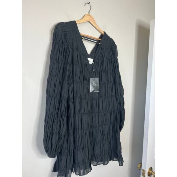 NWT Aje Evelina Ruched Blouson Sleeve V-Neckline Cotton Mini Dress Black Size: 4 - Picture 3 of 8